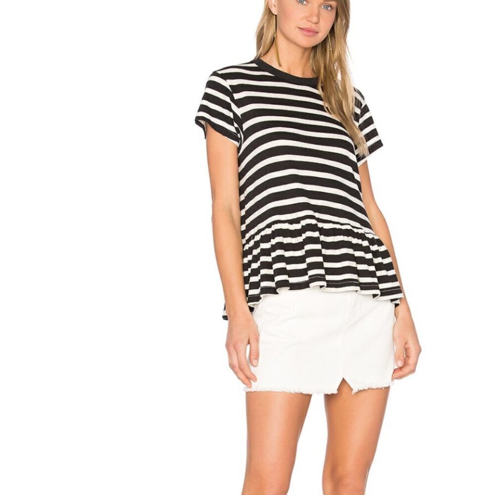 THE GREAT. The Ruffle Black and cream Striped Babydoll Tee